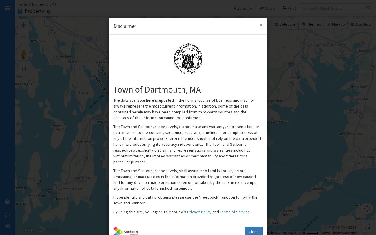 Dartmouth street directory MapGeo property viewer with address, identifier, and owner search