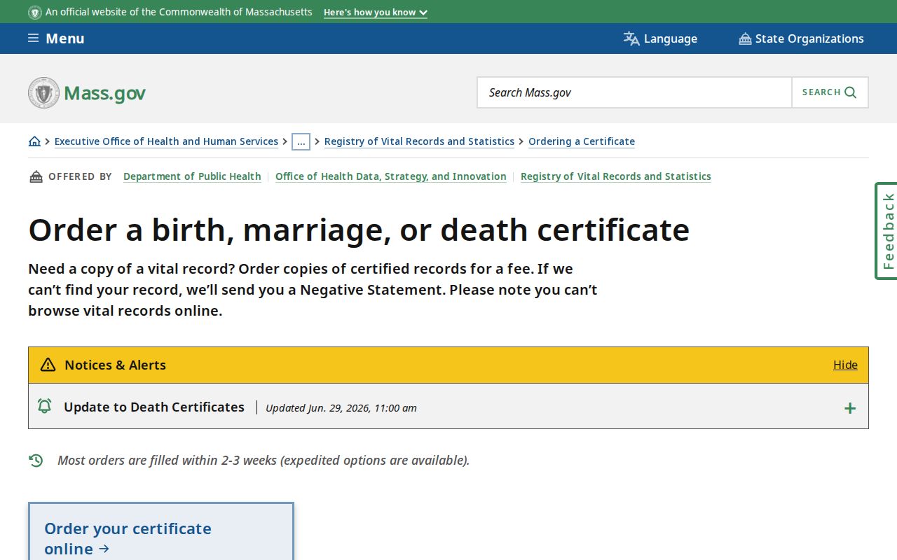 Dartmouth resident records Massachusetts vital-record order page
